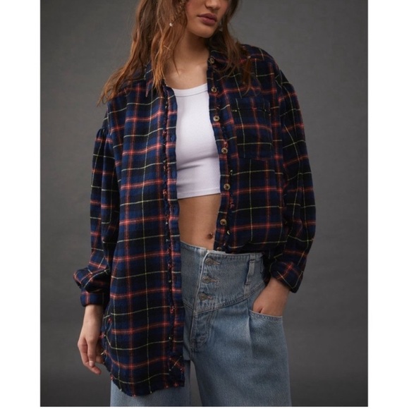 FREE PEOPLE Happy Hour Plaid Flannel Top / Navy Combo - Picture 1 of 11